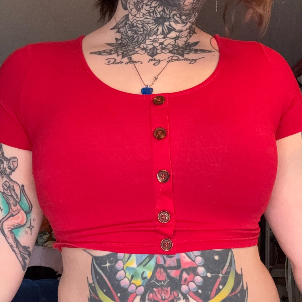 Red crop top with brown buttons